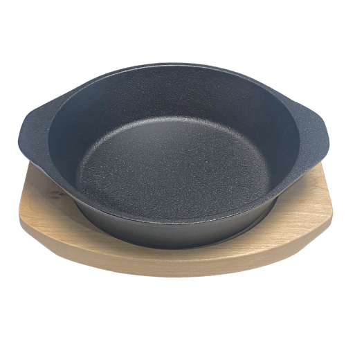 Pan 19 x 4.7cm With Two Thick Side Handles On Wooden Sizzling Plate Tray (cast iron)